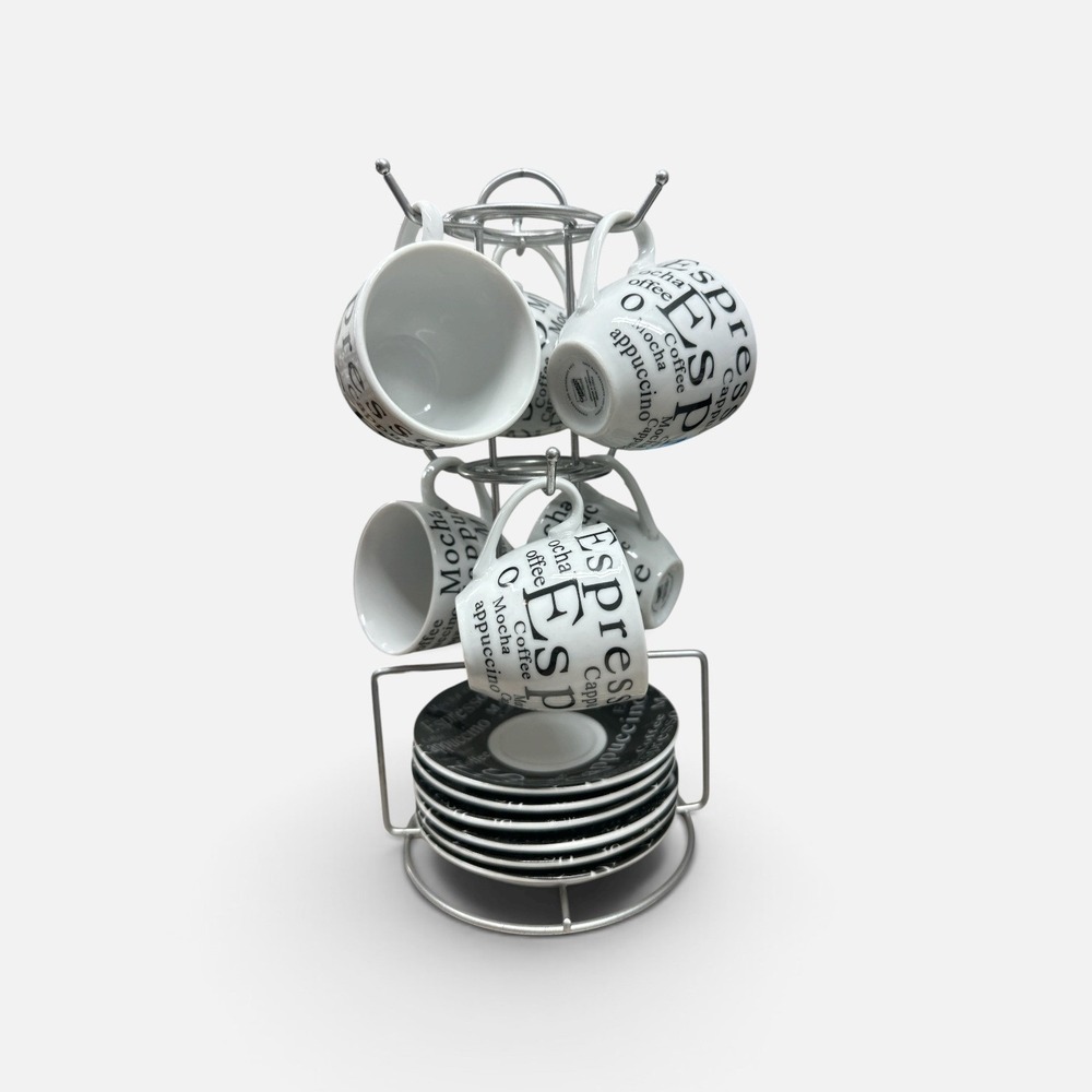 Gibson Home 13-Piece Espresso Cup and Saucer Set with Metal Storage Rack Black